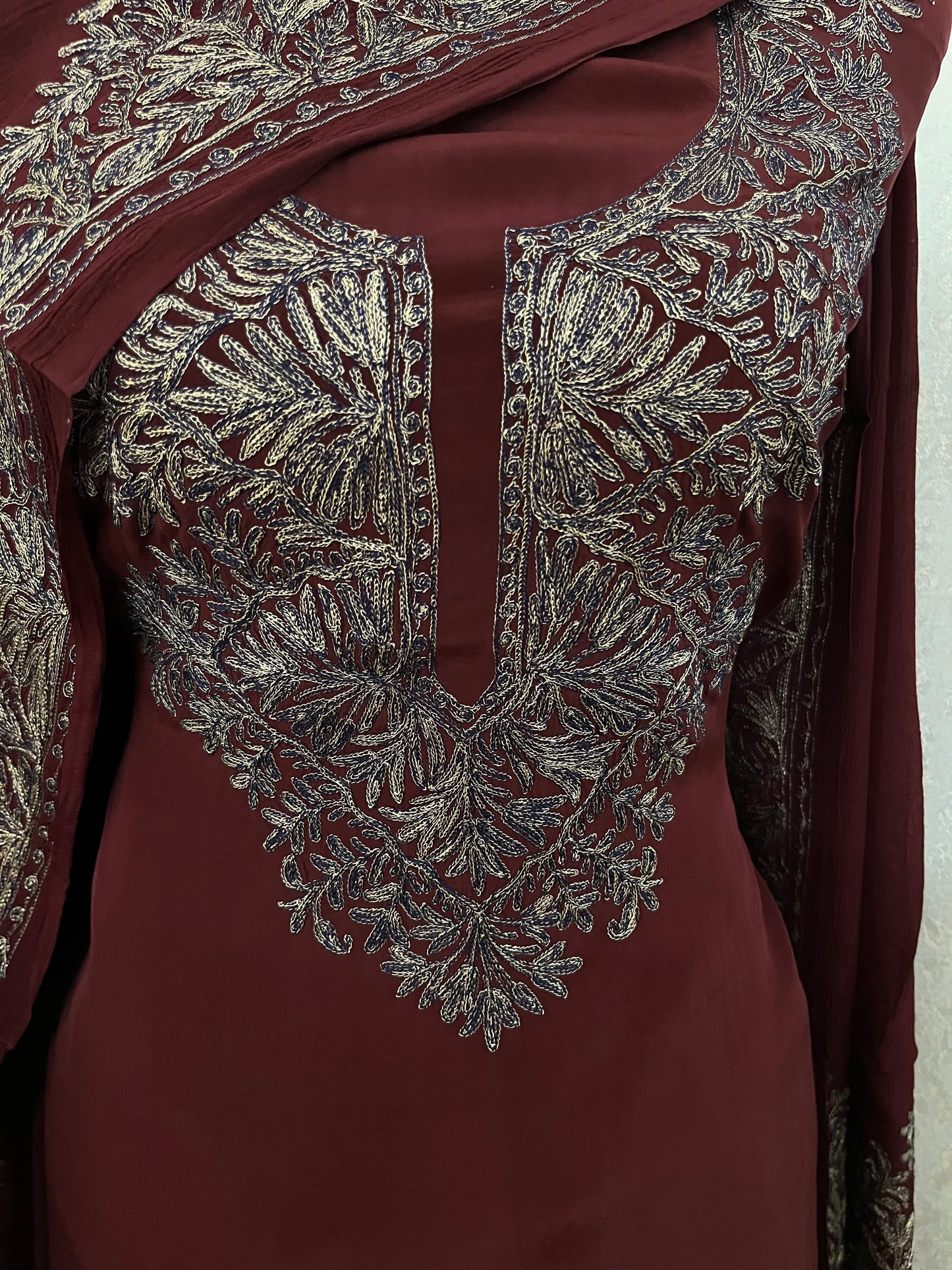 Brown Kalaa’ Crape Jacket Style Kashmiri Suit