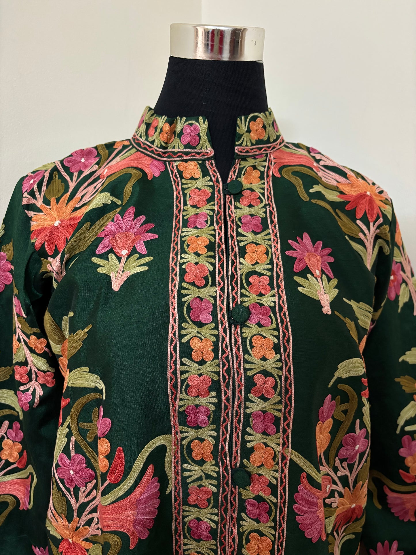 Bottle Green Aari Embroidered Silk Jacket ‘L’