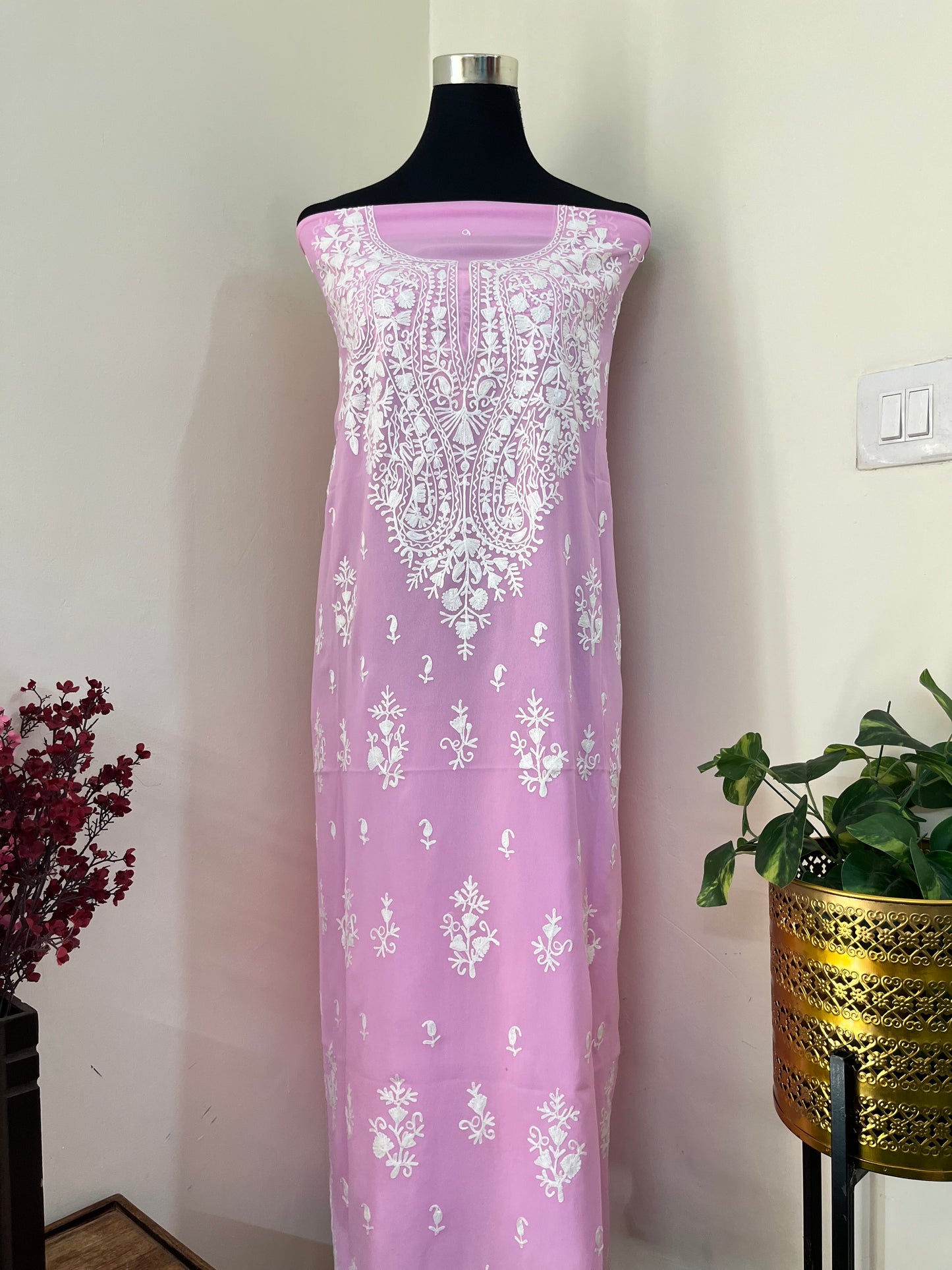 Soft Pink Georgette Kashmiri Unstitched Kurta Material
