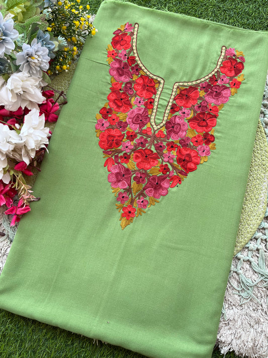 Pastel Green Aari Embroidered Cotton Suit Set