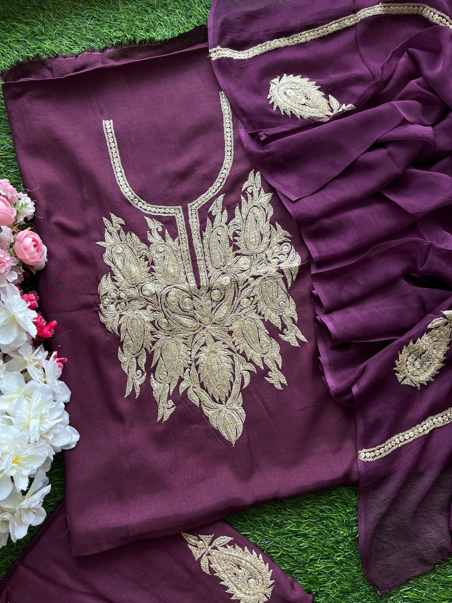 ‘Kalaa’ Wine Muslin Silk Tilla Embroidered Suit material