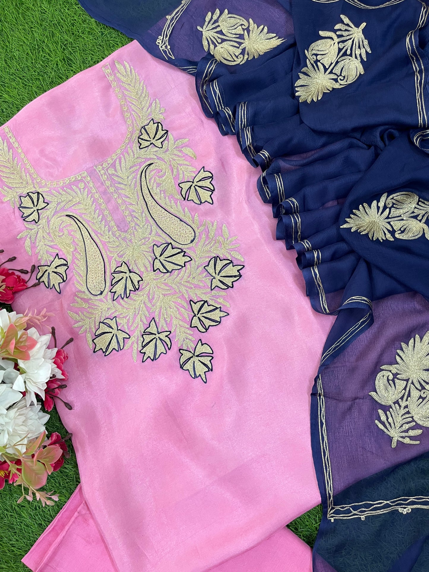 Pink Silk Aari Tilla Fusion Suit
