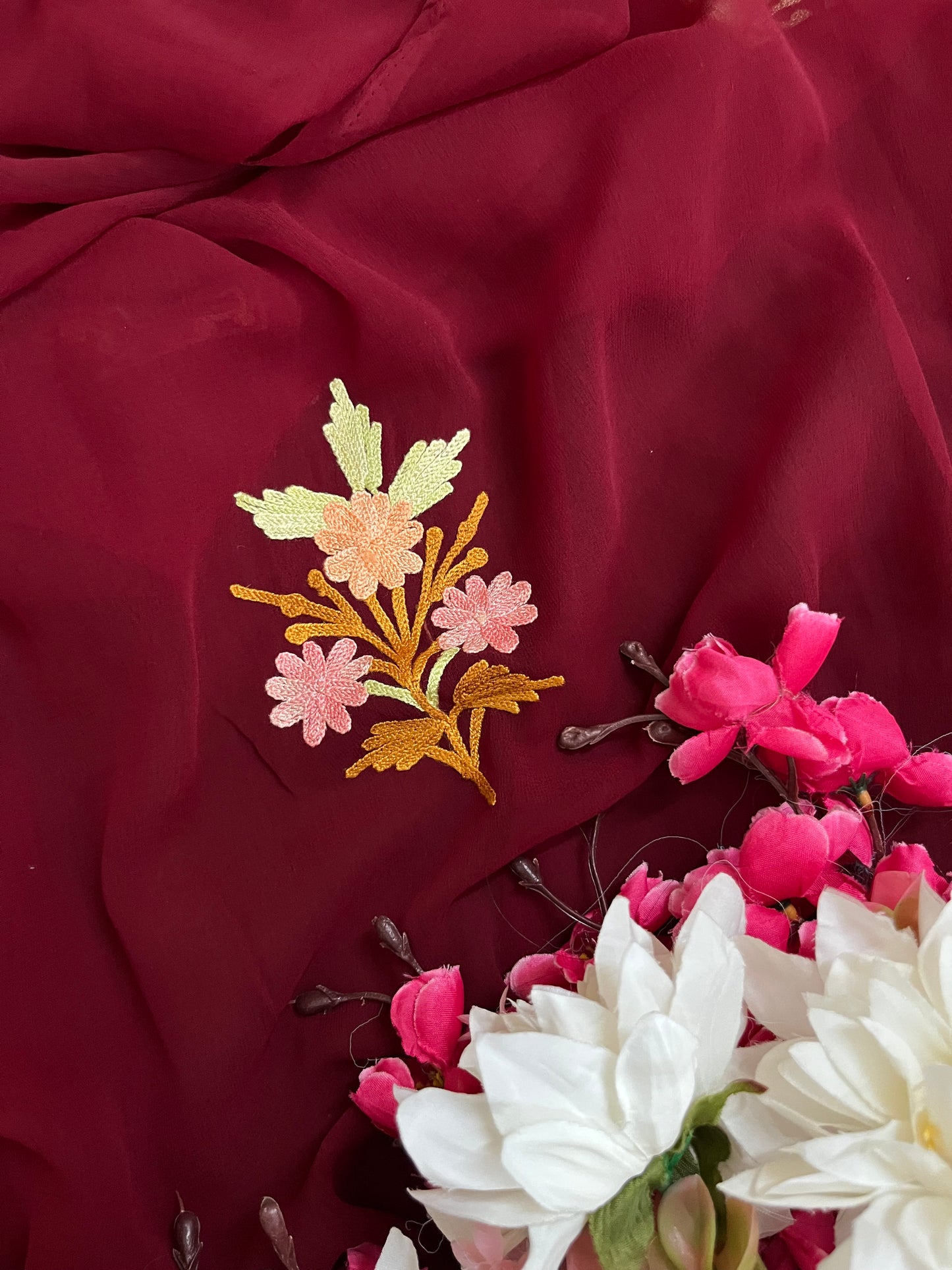 Maroon Georgette 3 Pc Aari Embroidered Suit Set