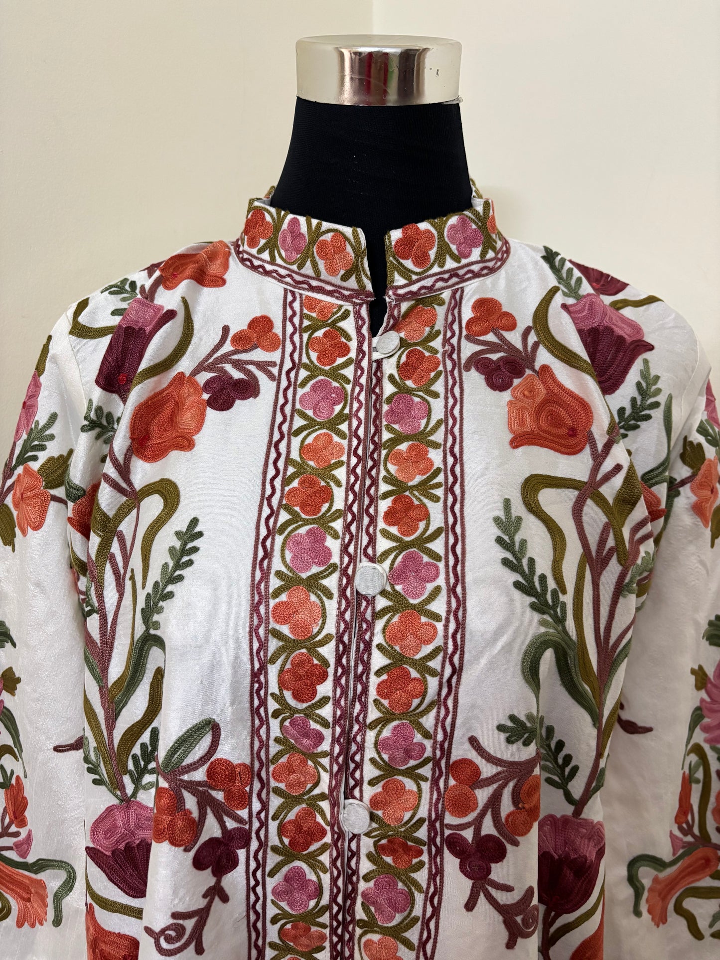 Cream Aari Embroidered Silk Jacket XXL