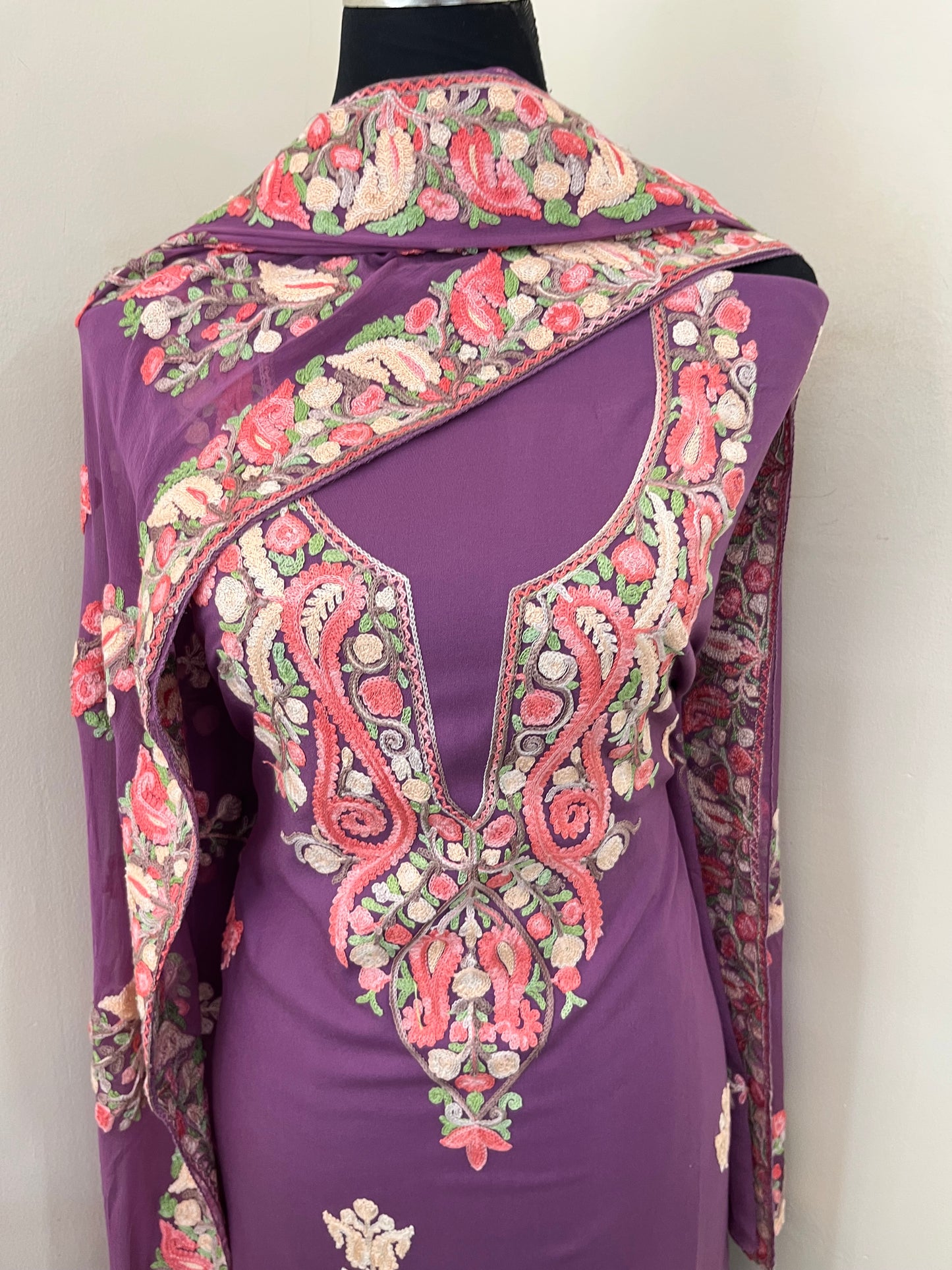 Lavender Rayon Cotton Kashmiri 3pc set