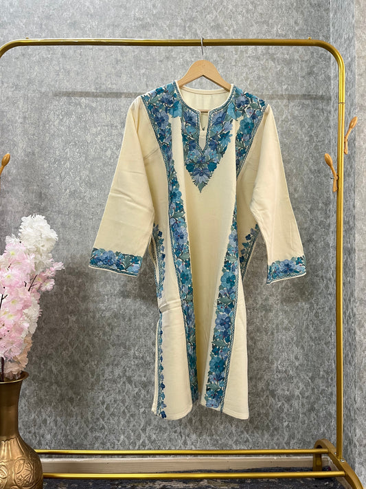 Off White Aari Embroidered Wool Pheran