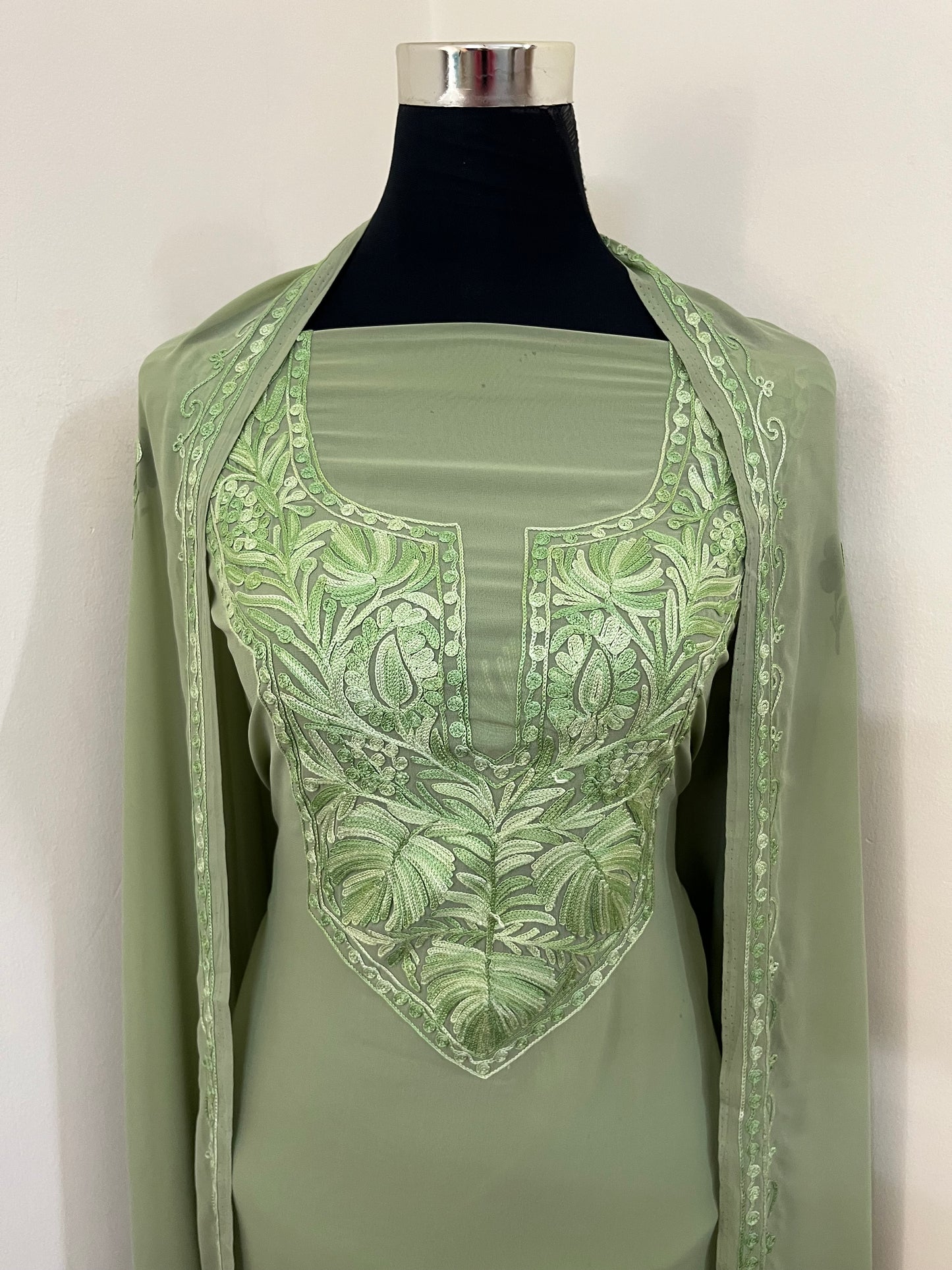 Tea green Georgette 3 Pc Aari Embroidered Suit Set