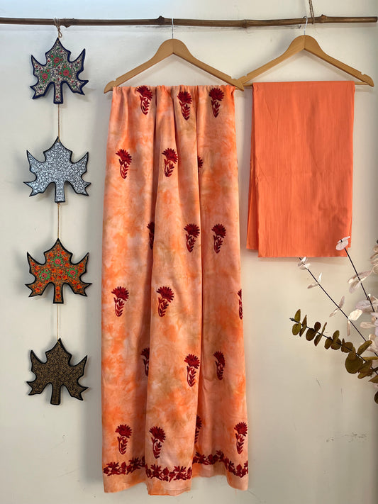 Tangerine Orange Self Work Satin Cotton Unstitched Co-ord Set