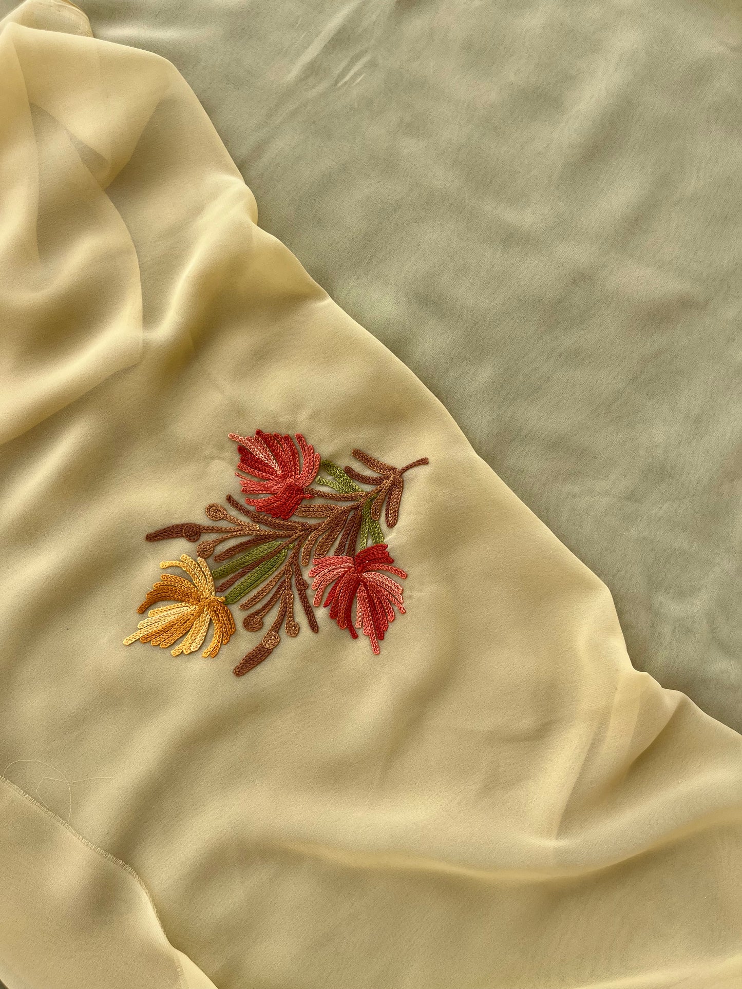 Golden Beige Georgette Aari Embroidered Unstitched Kurta Material