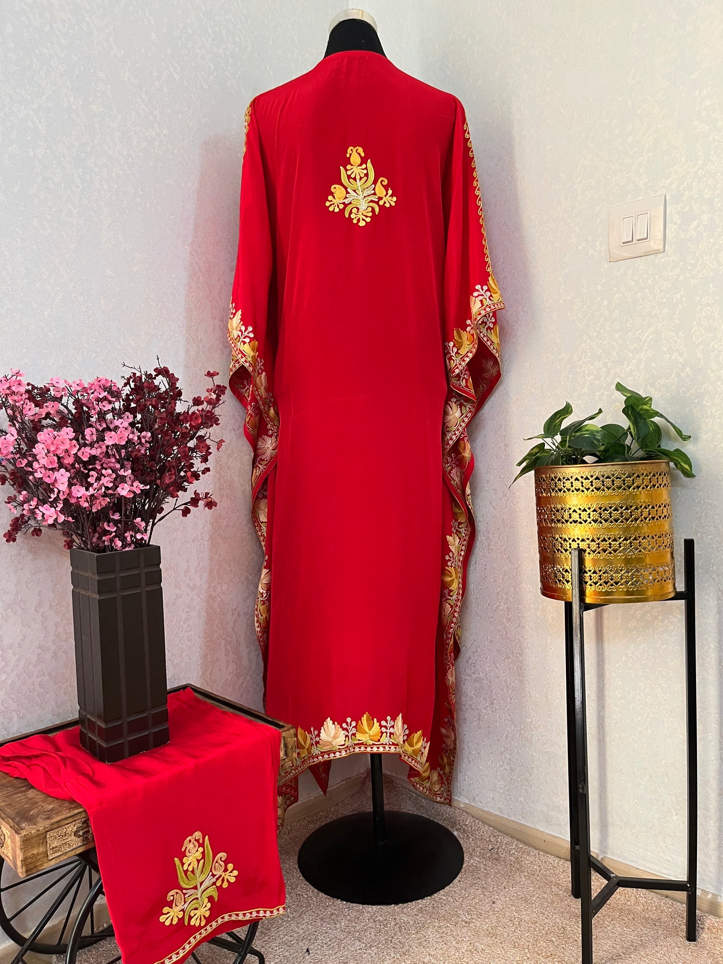 Red Pure Crape Kashmiri Kaftan