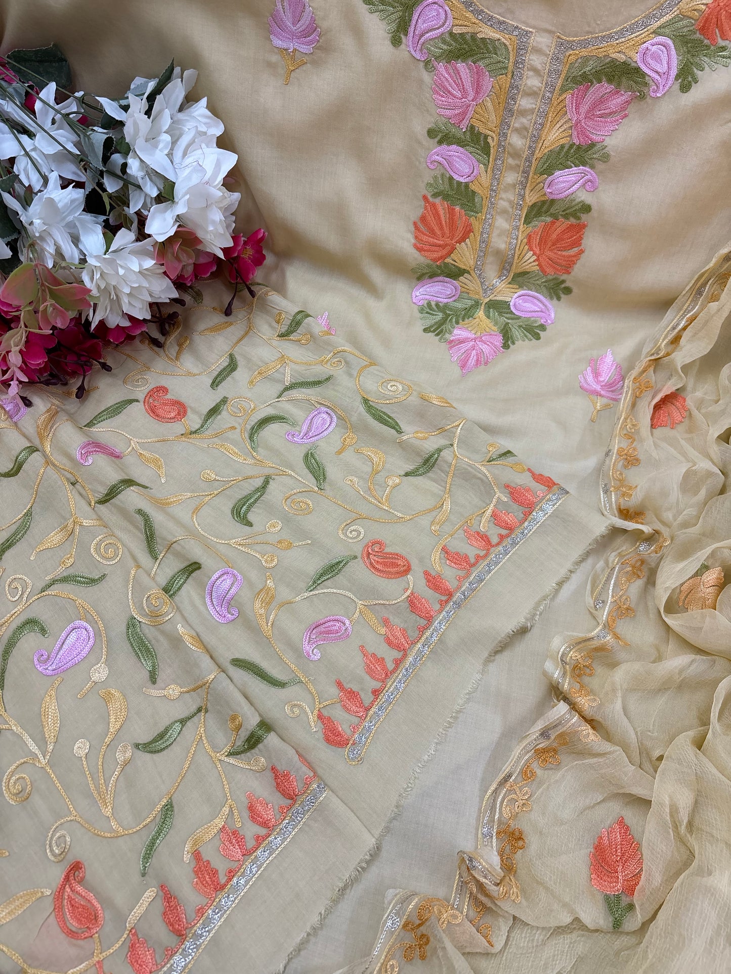 Beige Muslin Cotton Jaal Sleeves Kashmiri 3pc Suit
