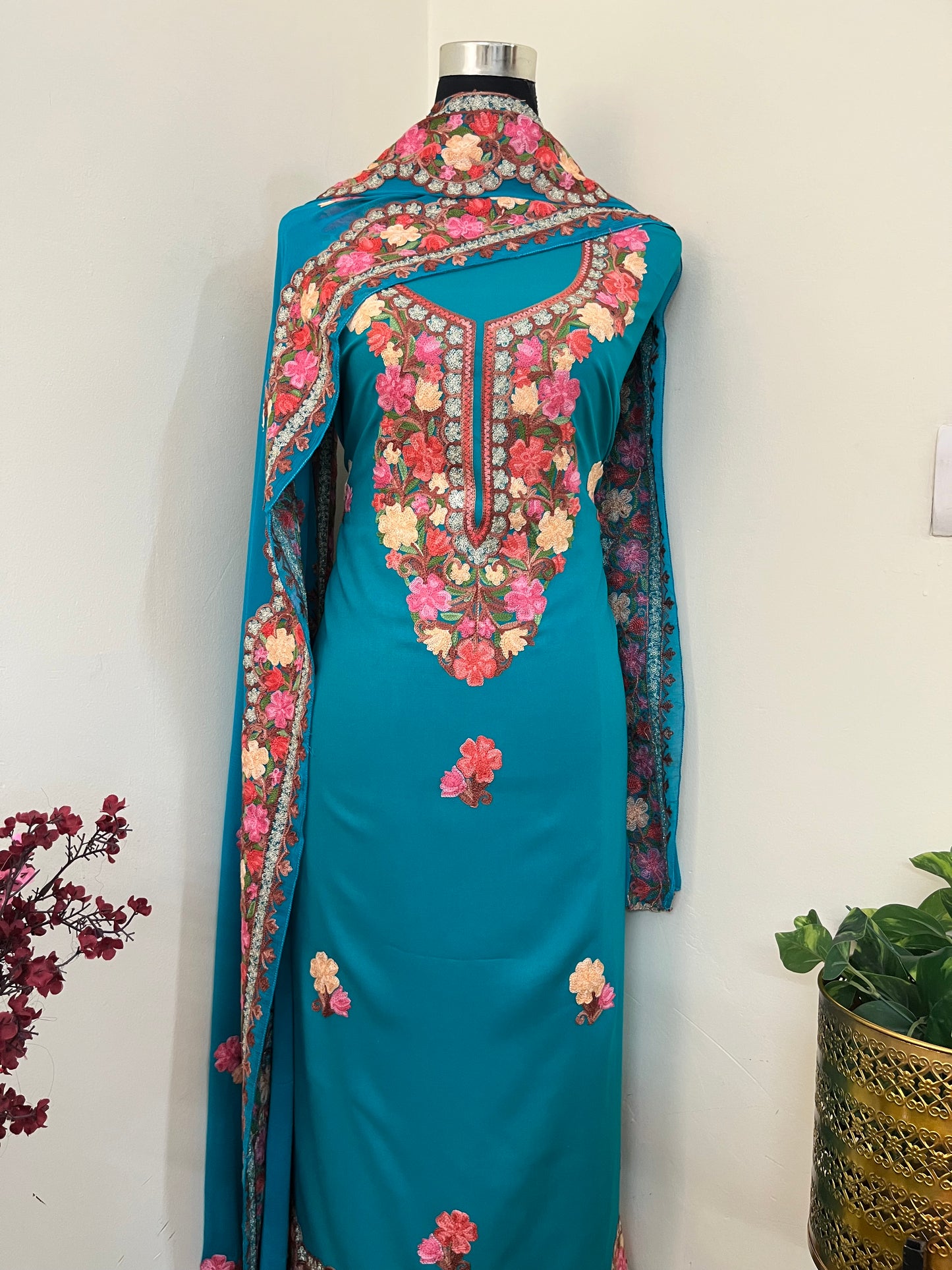 Peacock Green Rayon Cotton Kashmiri 3pc set