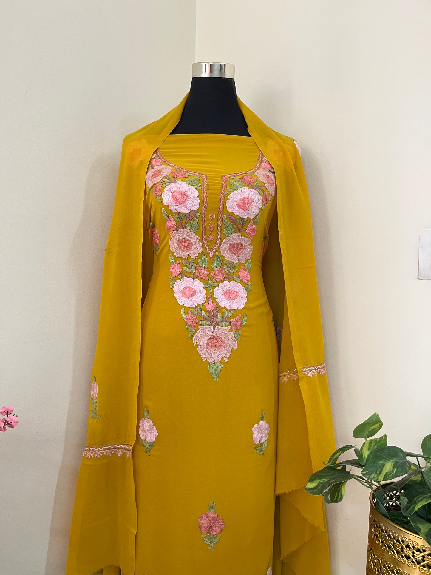 Mustard Georgette 3 Pc Aari Embroidered Suit
