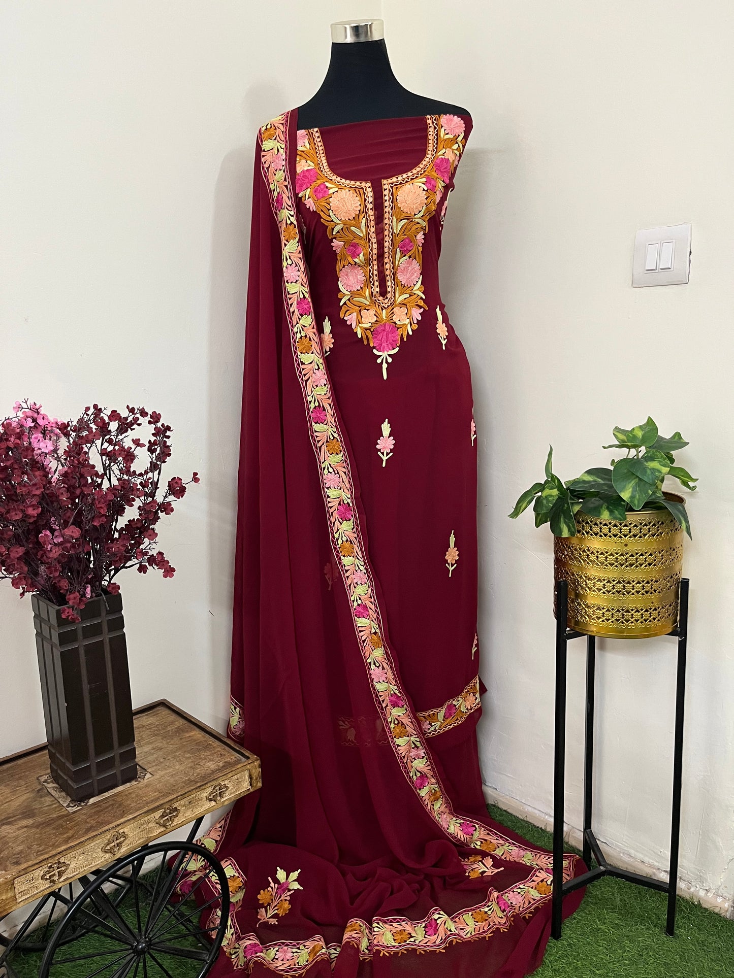 Maroon Georgette 3 Pc Aari Embroidered Suit Set