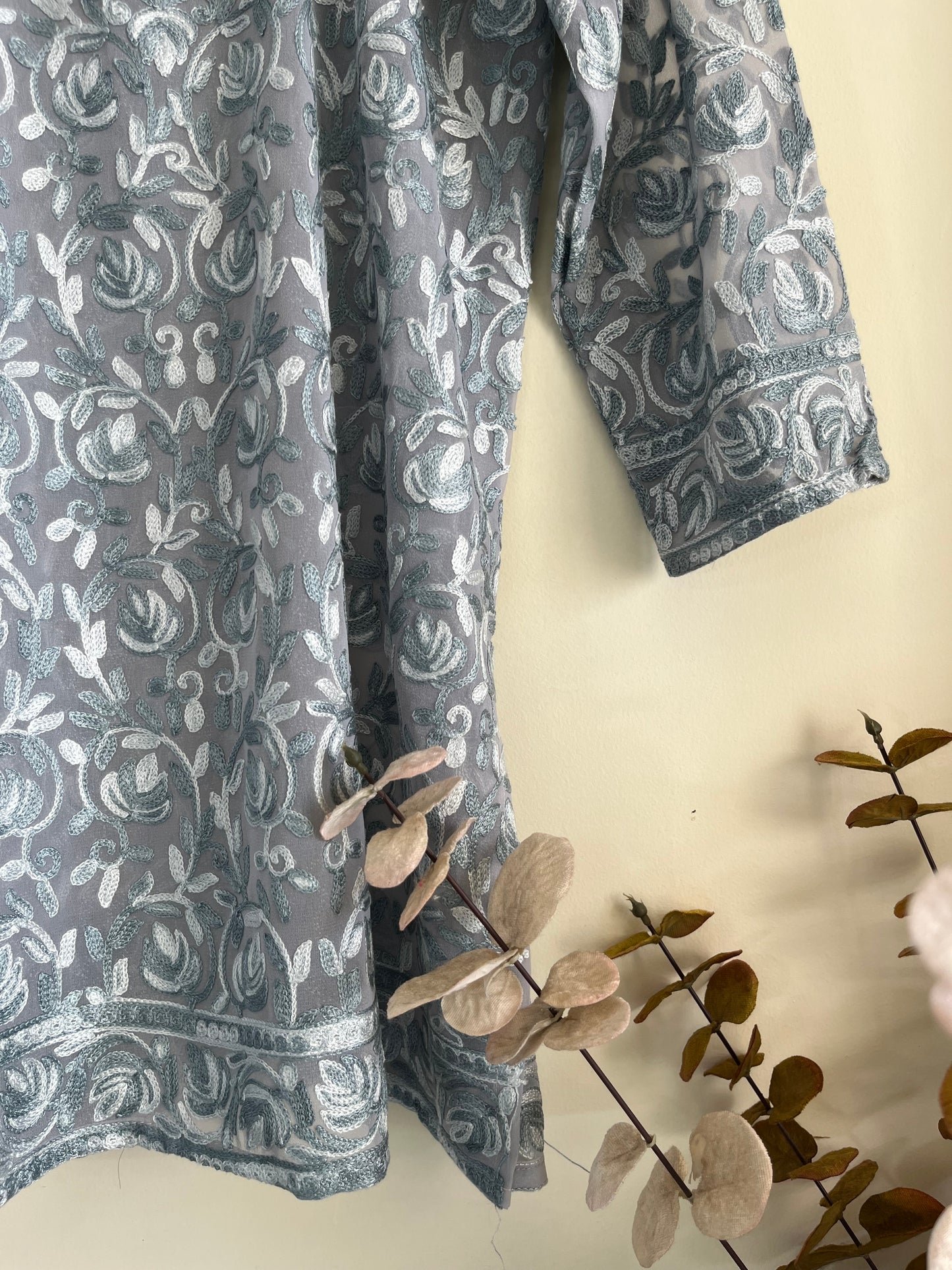 Crape Aari Embroidered Stitched Kurta