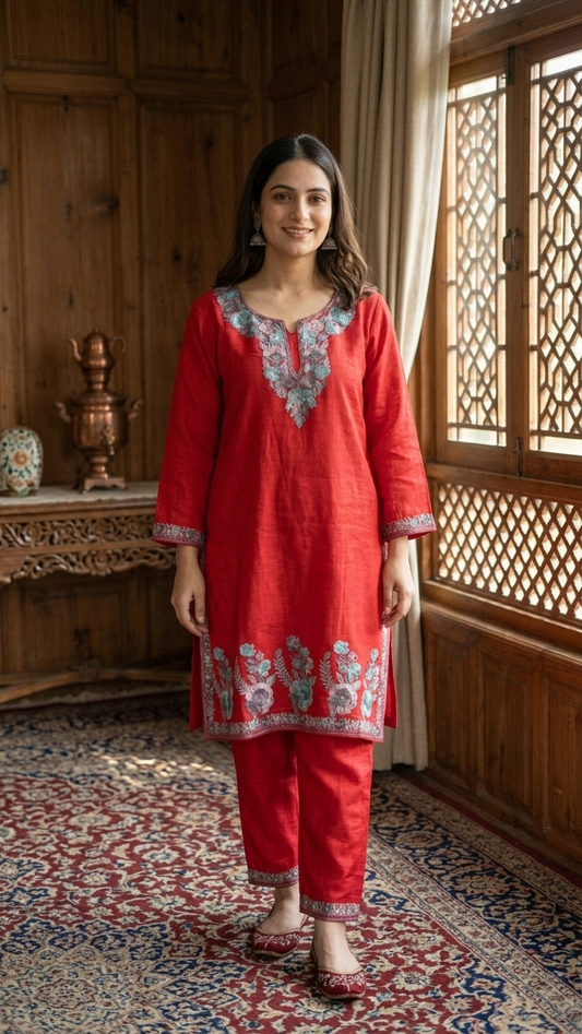 Red Cotton Stitched Co-ord Set (38)