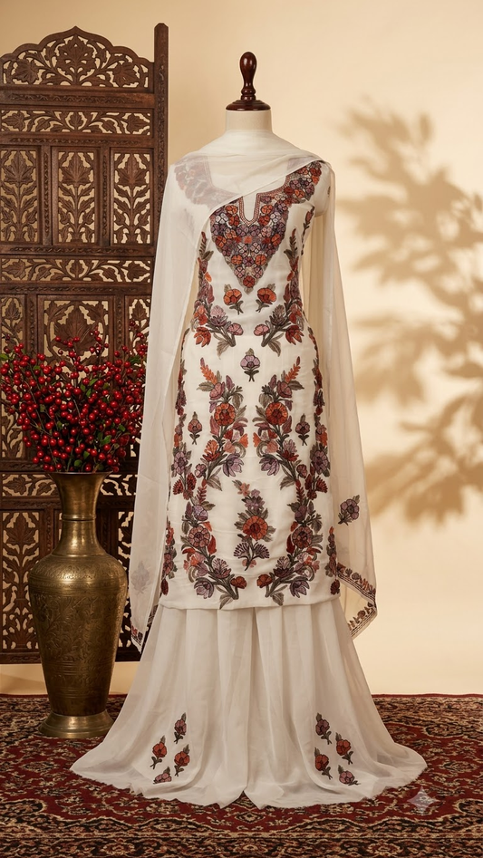 Off White Georgette 3 Pc Kashmiri Suit