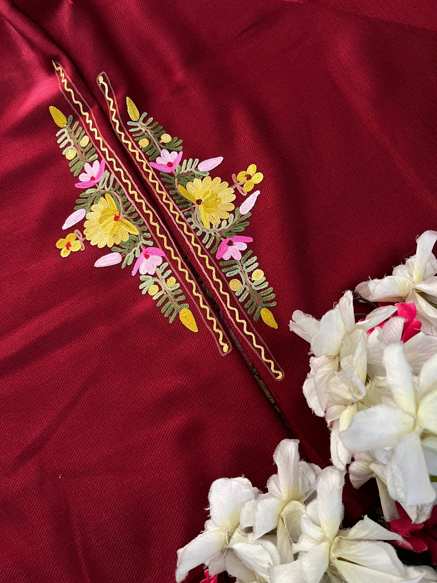 Maroon Woollen Aari Embroidered 2pc suit 5mtr