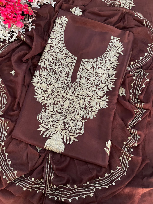 Brown Silk Tilla Kashmiri Suit