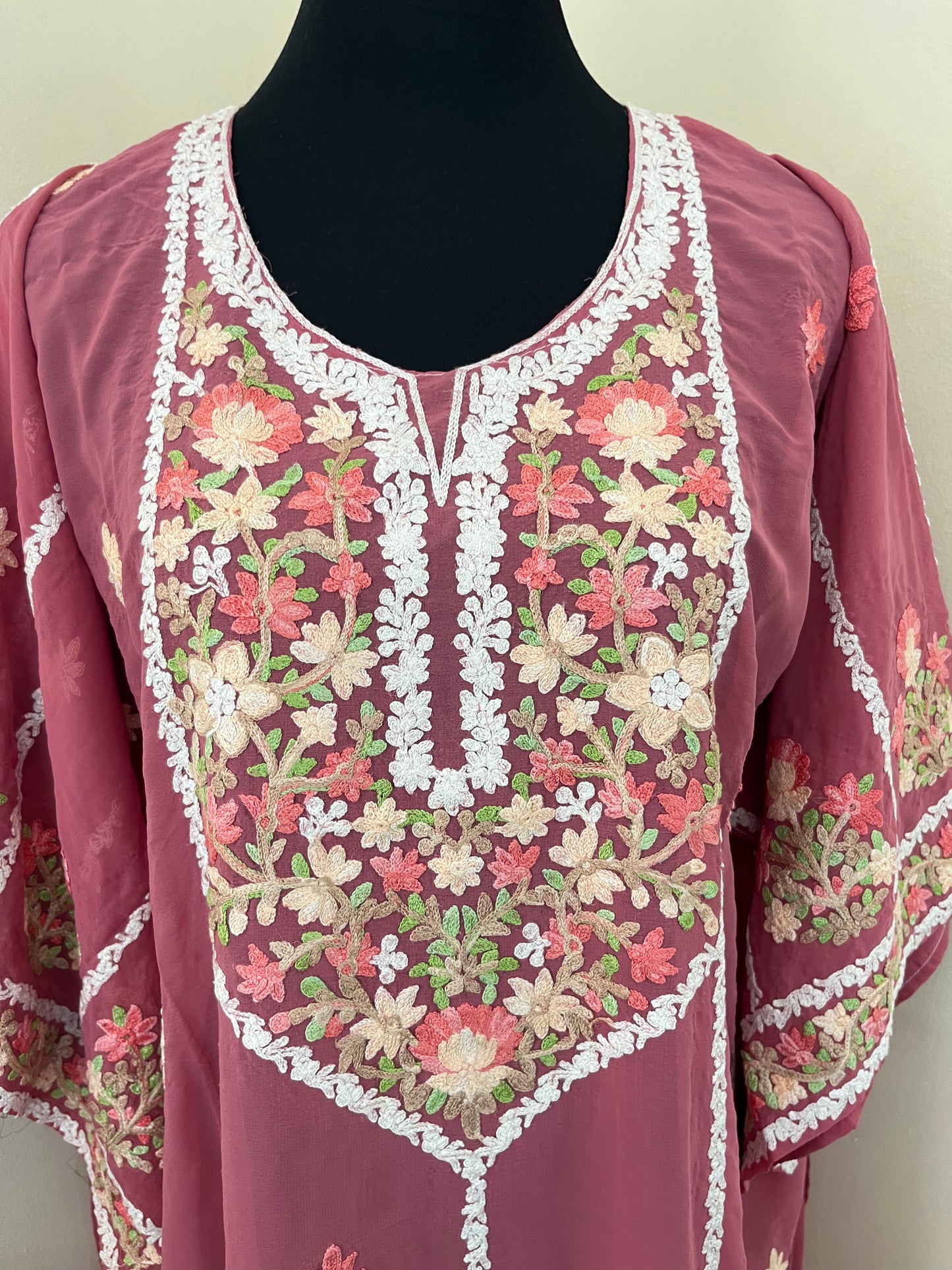 Pink Georgette All over Work Aari Embroidered Unstitched Kurta