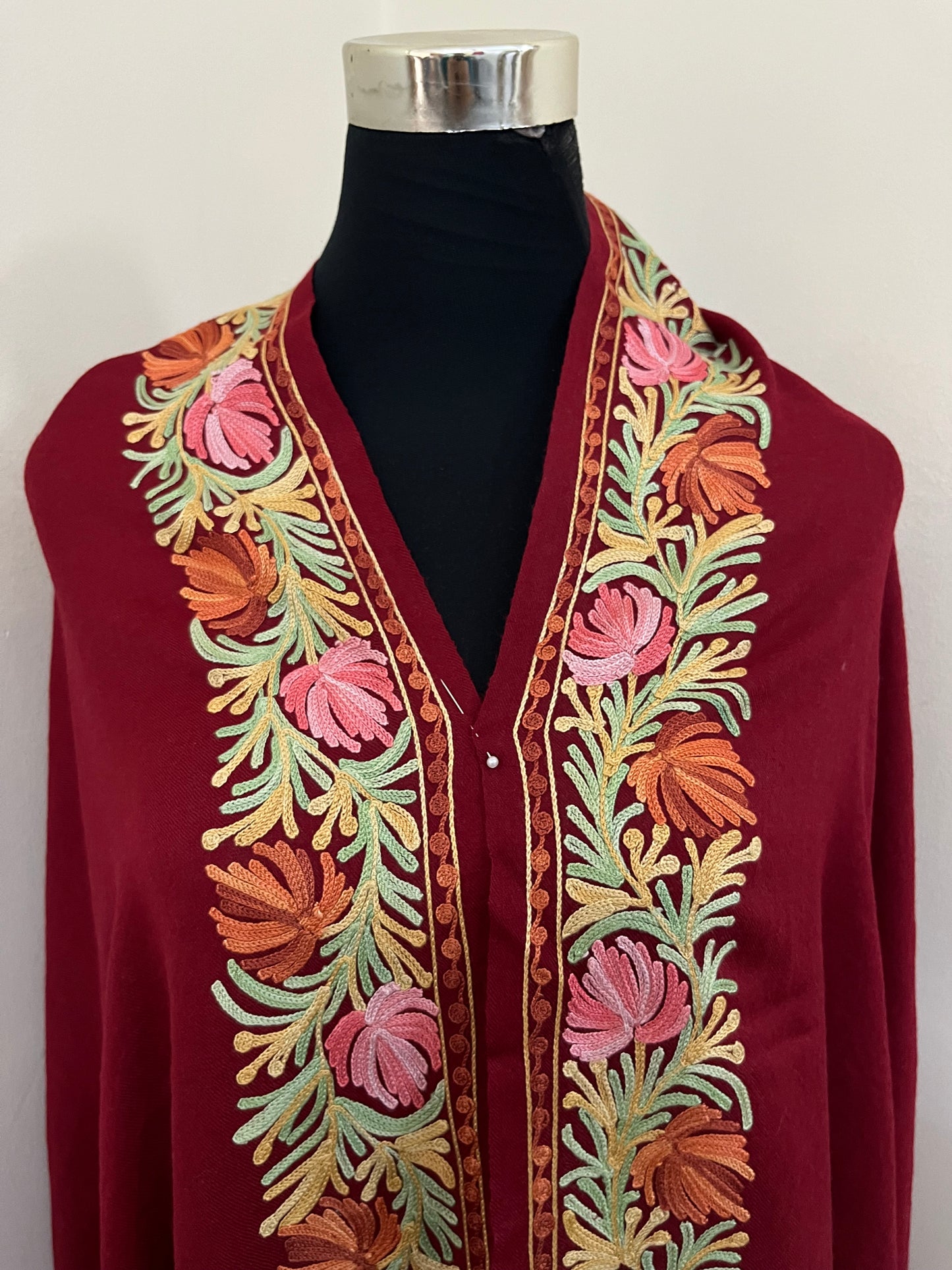 Maroon Aari Embroidered Pure Wool Cape