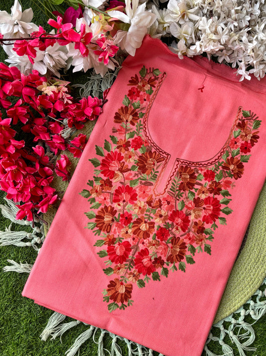 Pink Woollen Aari Embroidered 2pc suit 5mtr