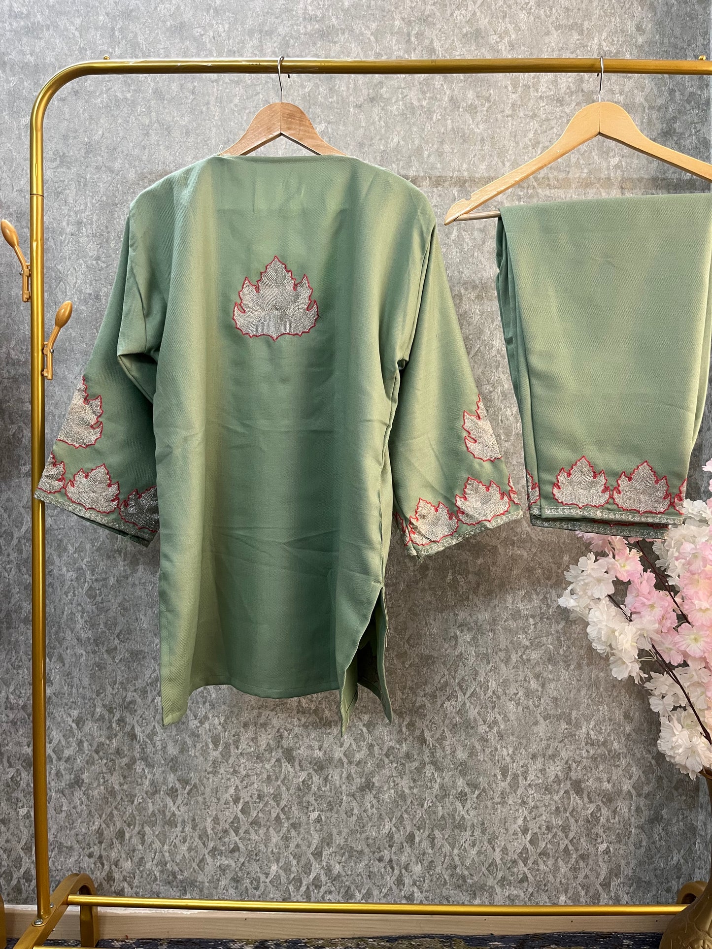 Pastel Green Woollen Kashmiri Co-Ord Set ( Size 42)