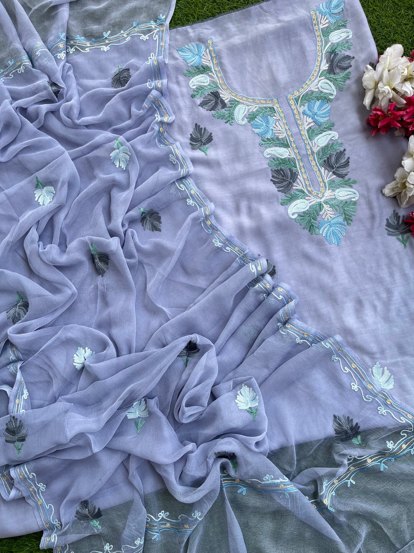 English Grey Muslin Cotton Jaal Sleeves Kashmiri 3pc Suit