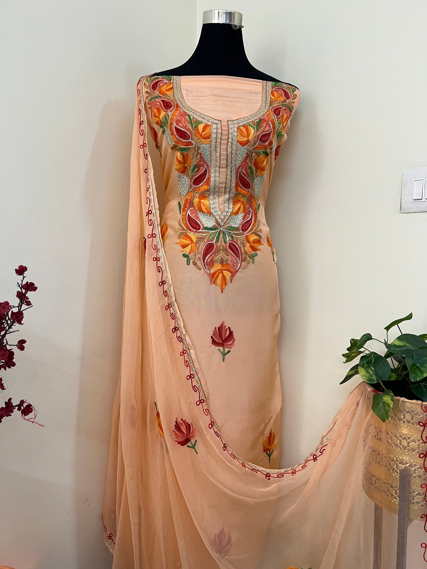 Peach Opada Silk Kashmiri Suit