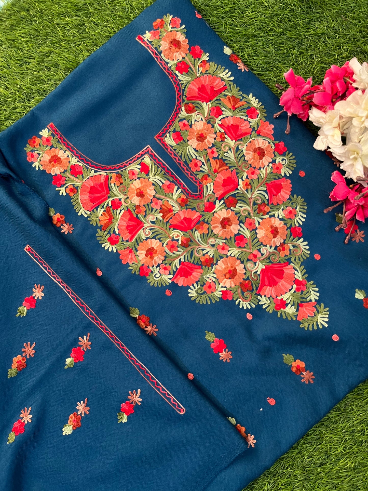 Peacock Blue Woollen Aari Embroidered 3pc suit