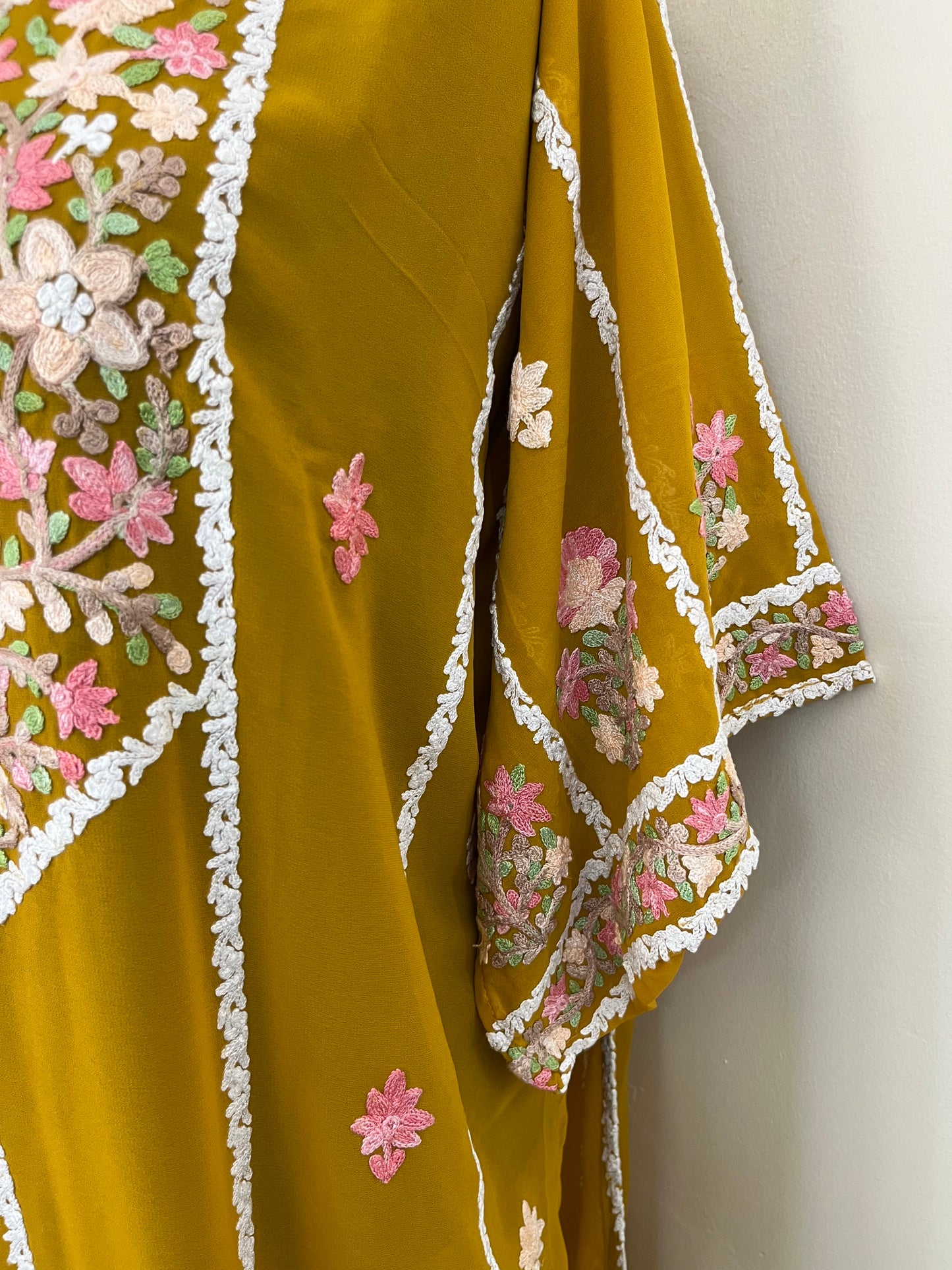 Mustard Georgette All over Work Aari Embroidered Unstitched Kurta