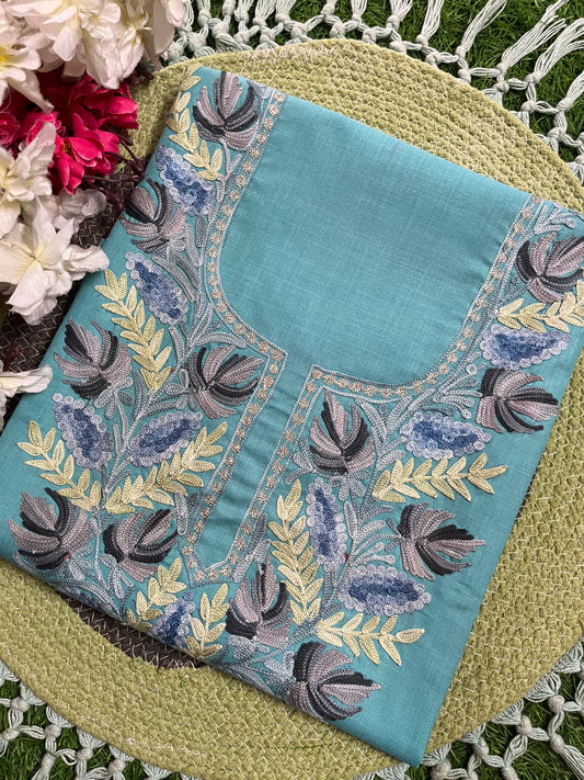 Sky Blue Cotton Unstitched Aari Work Kurti