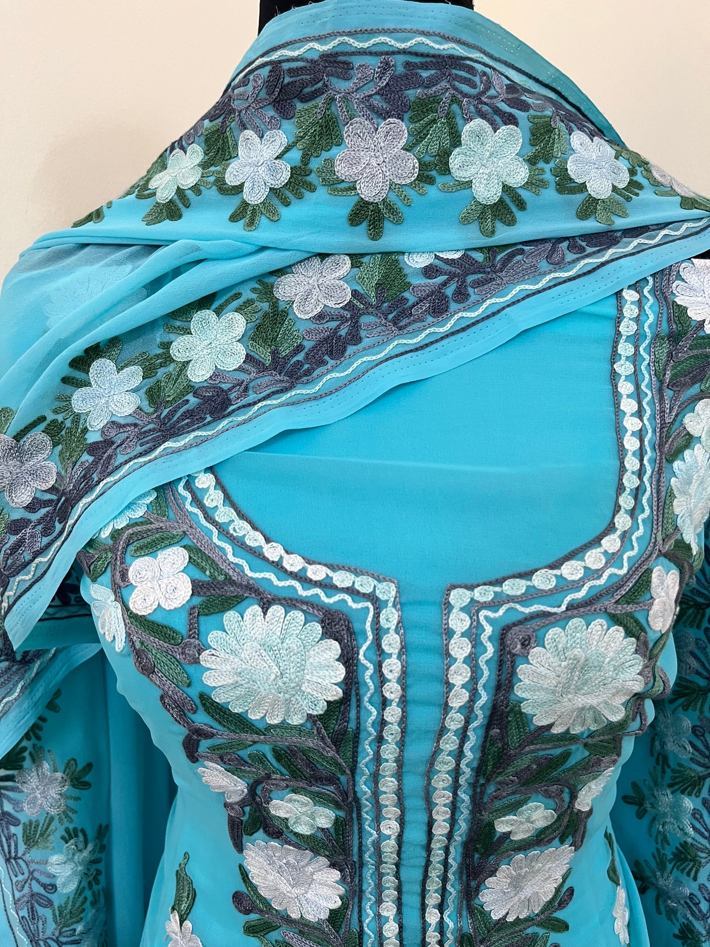 Sky Blue Georgette 3 Pc Aari Embroidered Suit Set