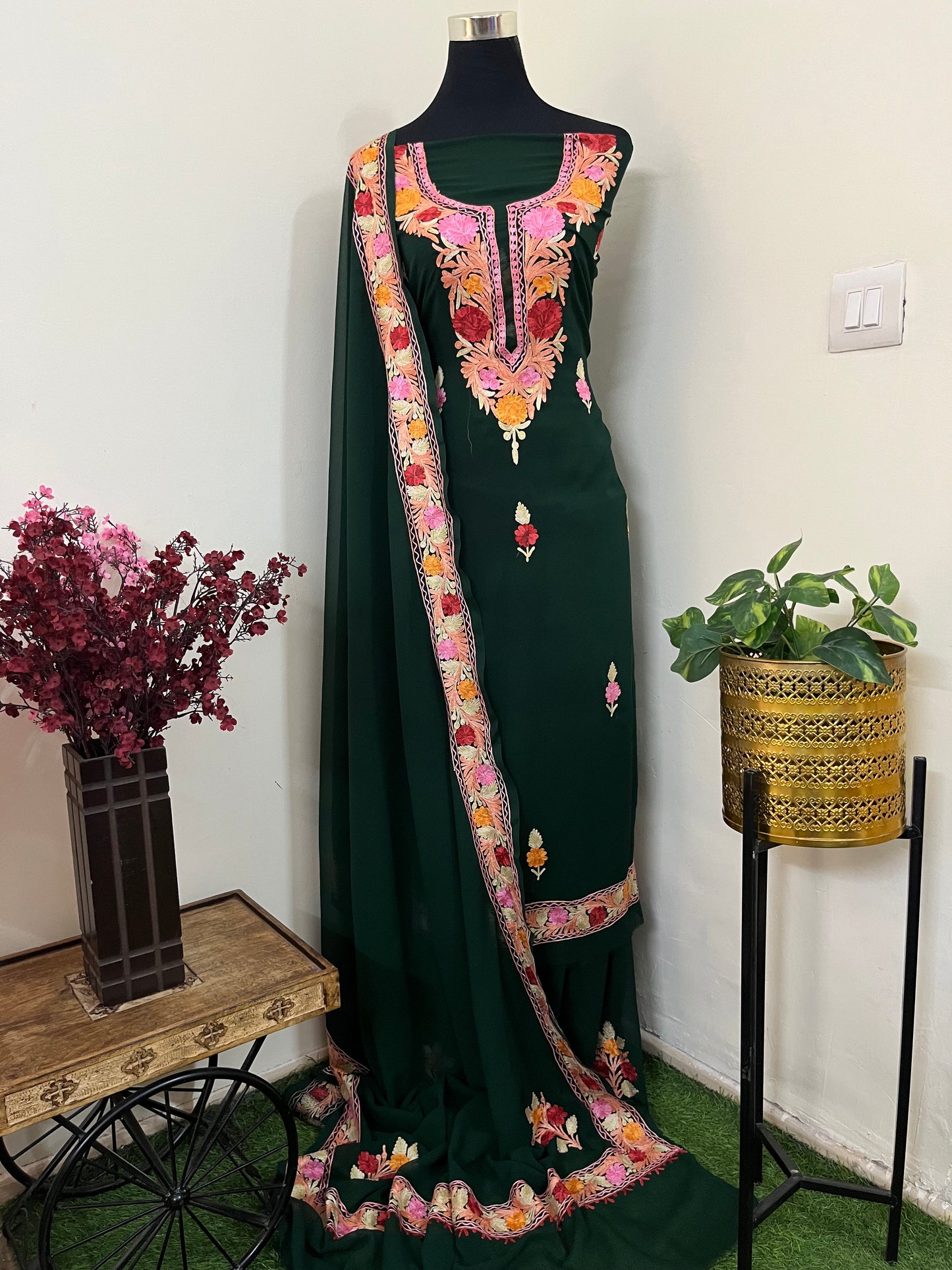 Bottle Green Georgette 3 Pc Aari Embroidered Suit Set