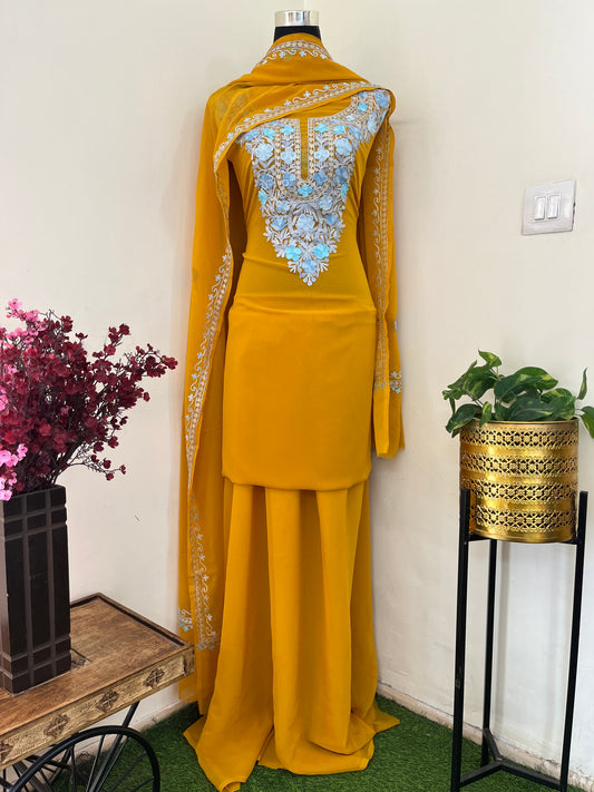 Mustard Georgette 3 Pc Aari Embroidered Suit Set