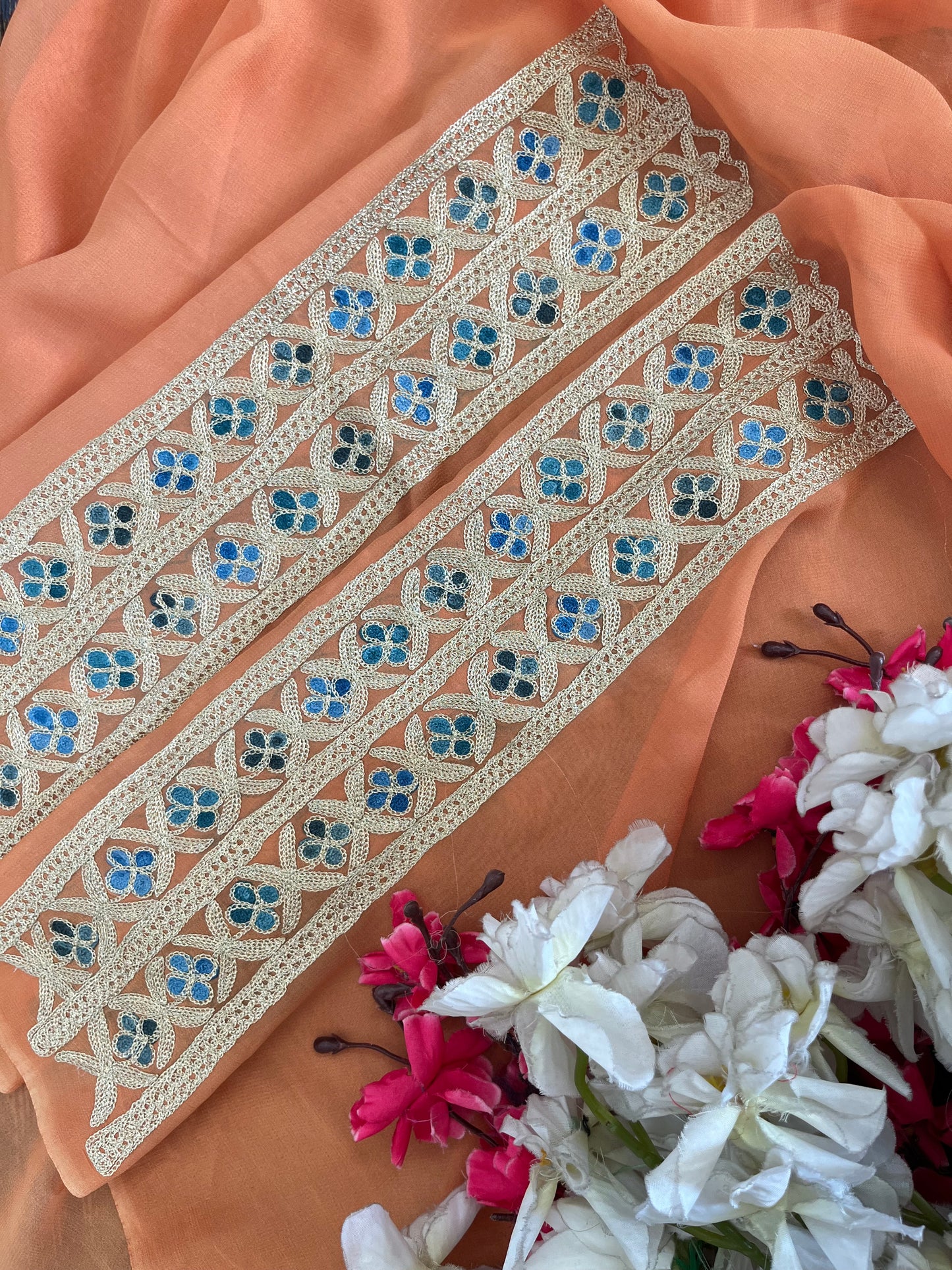 Peach Pure Georgette 3Pc Kashmiri Embroidered Suit