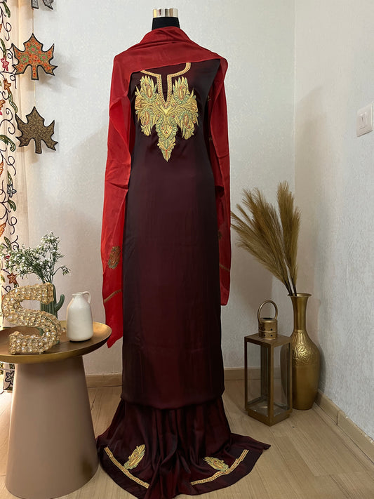 Maroon Silk Puff Tilla Embroidered Suit