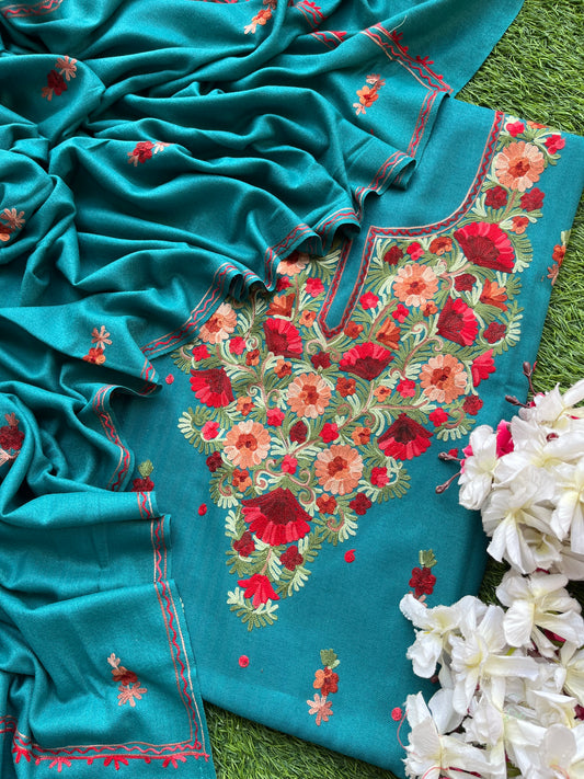 Peacock Blue Woollen Aari Embroidered 3pc suit
