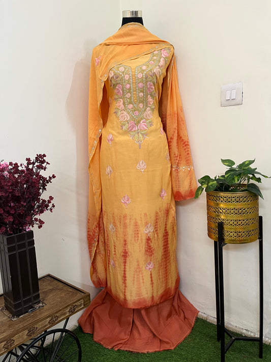 Soft Orange Mul Cotton Shibori Work Kashmiri 3pc Suit