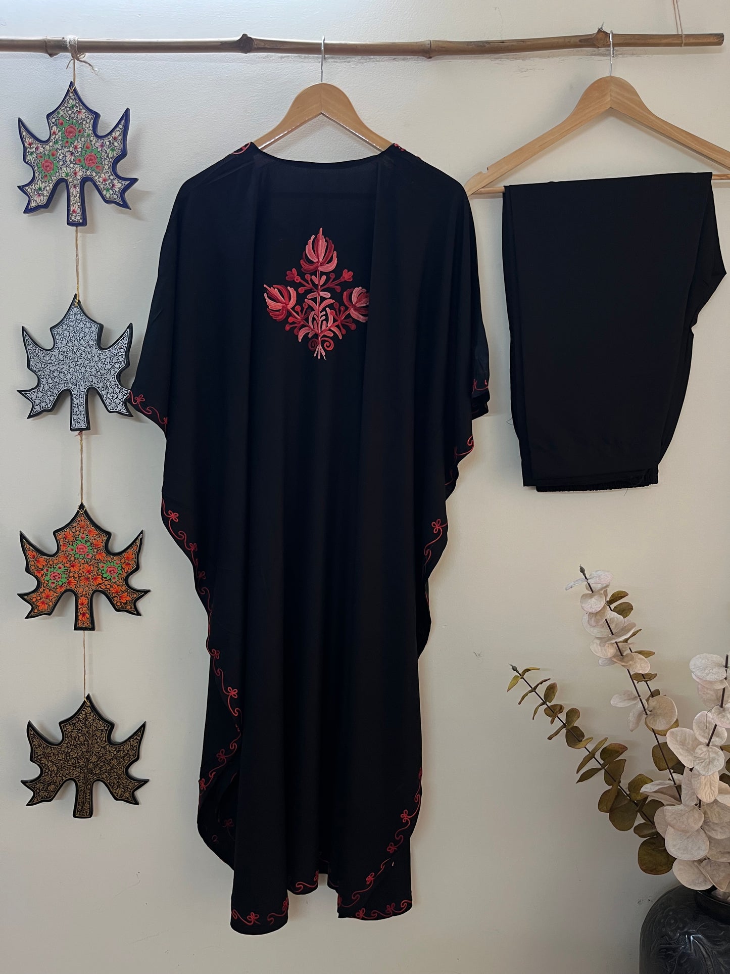 Black Red Muslin Cotton Kashmiri Kaftan Set