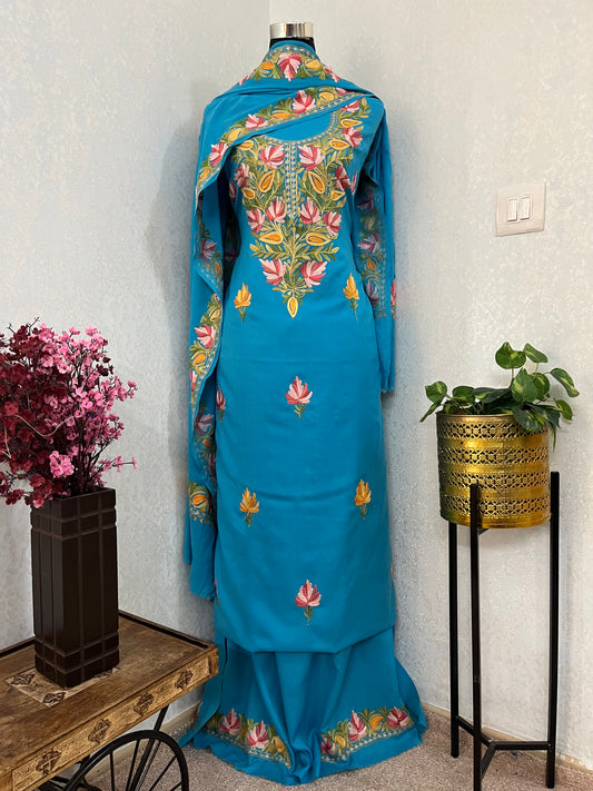 Firozi Blue Pure Wool Aari Embroidered 3pc Suit Stole