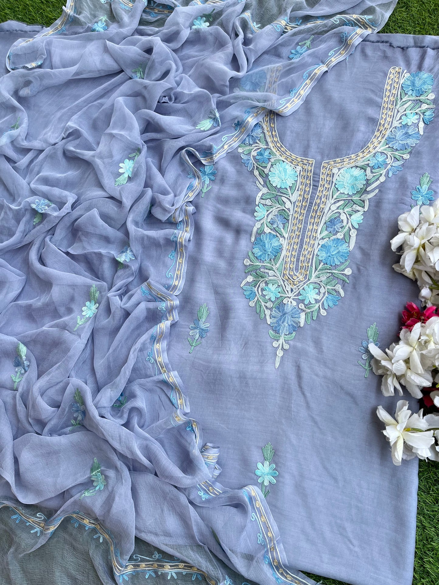 English Grey Muslin Cotton Jaal Sleeves Kashmiri 3pc Suit