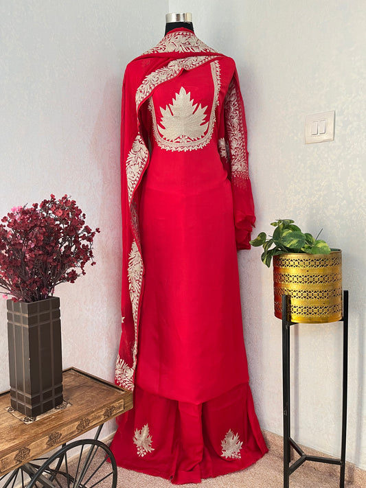 Red Sanam’ Tilla Kashmiri Silk Suit