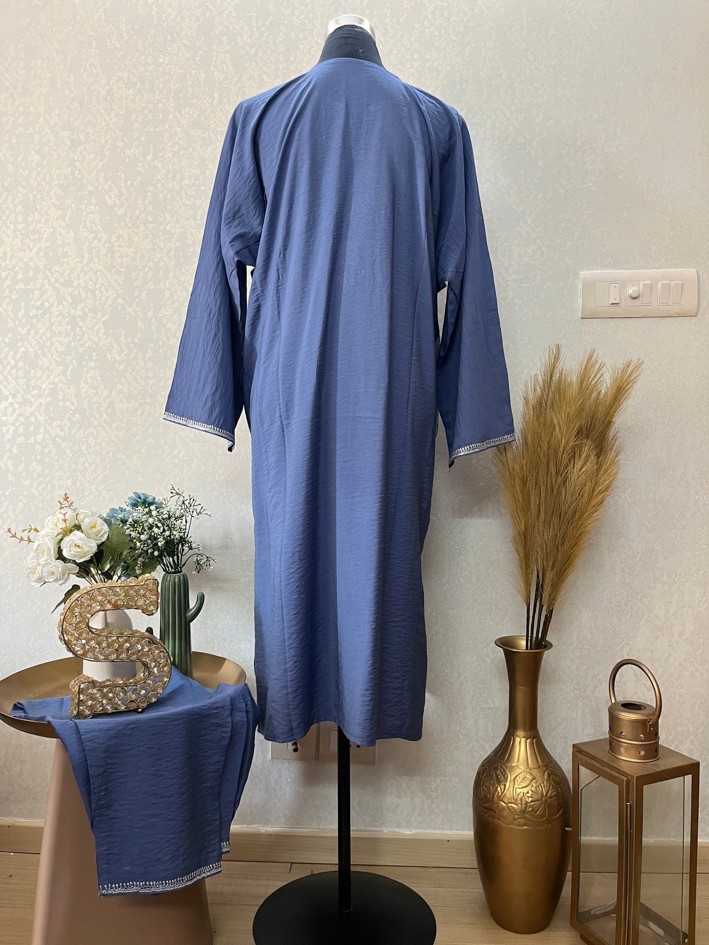 English Blue Cotton Kashmiri Pheran Set (46)