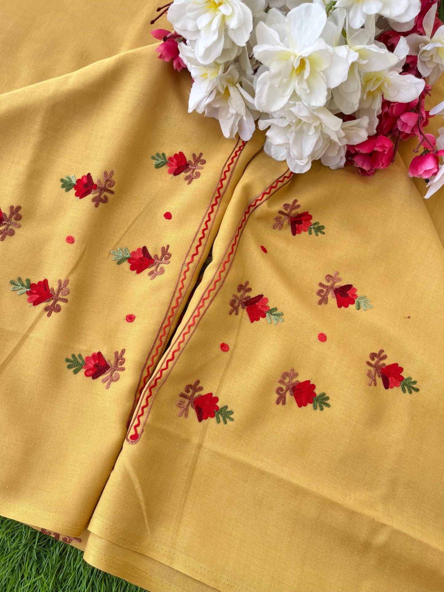 Beige Cotton Two Piece Set (Aari Embroidered)