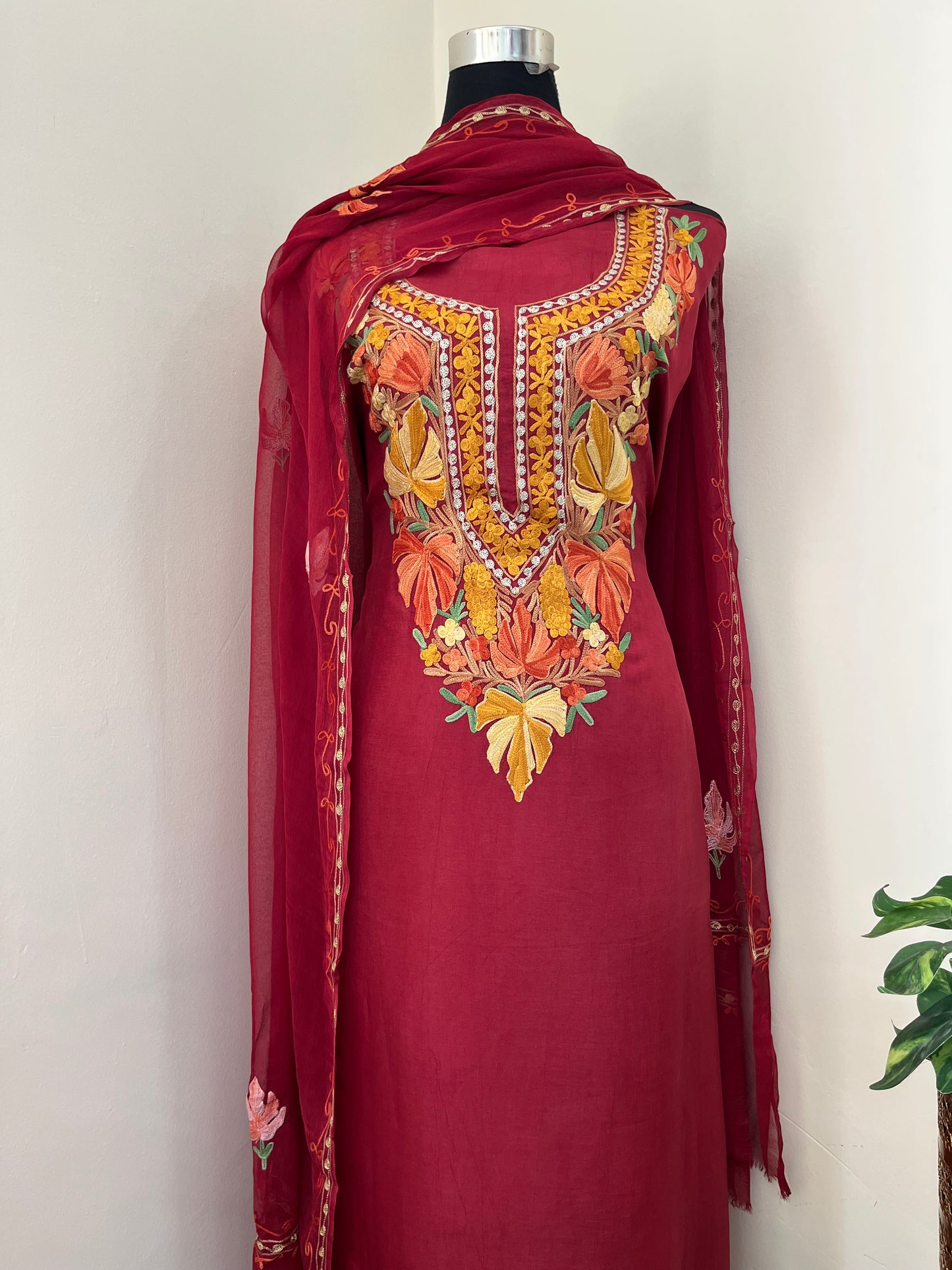 Maroon Opada Silk Aari Embroidered Suit material