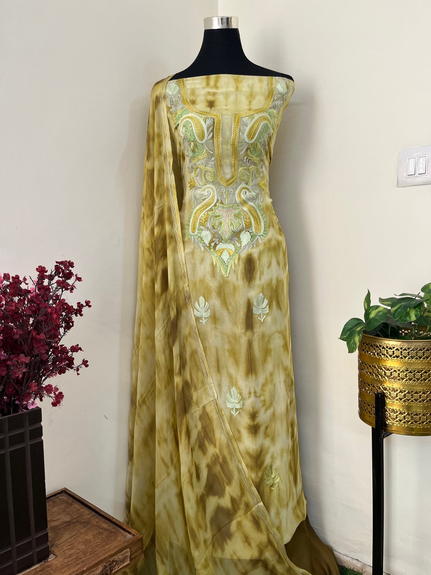 Lime Green Pure Georgette Ty Dy Kashmiri Suit