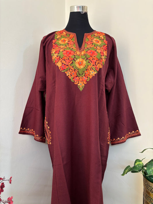 Reddish Brown Aari Embroidered Wool Pheran