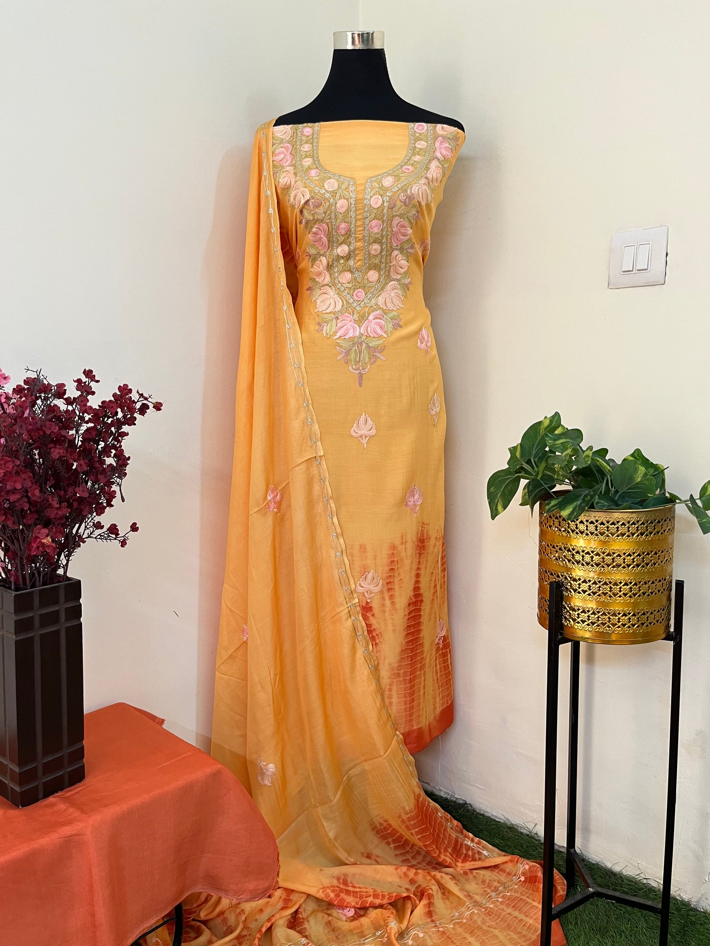 Soft Orange Mul Cotton Shibori Work Kashmiri 3pc Suit