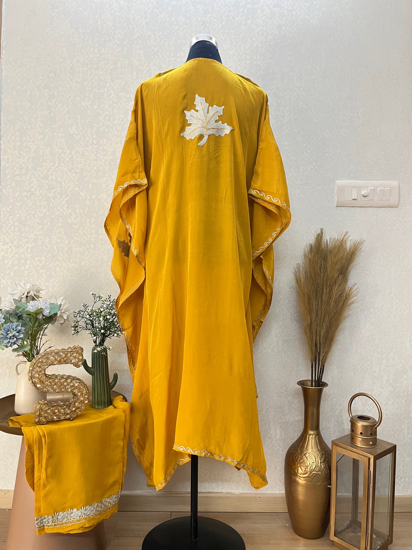 Yellow Crape Kashmiri Kaftan Set